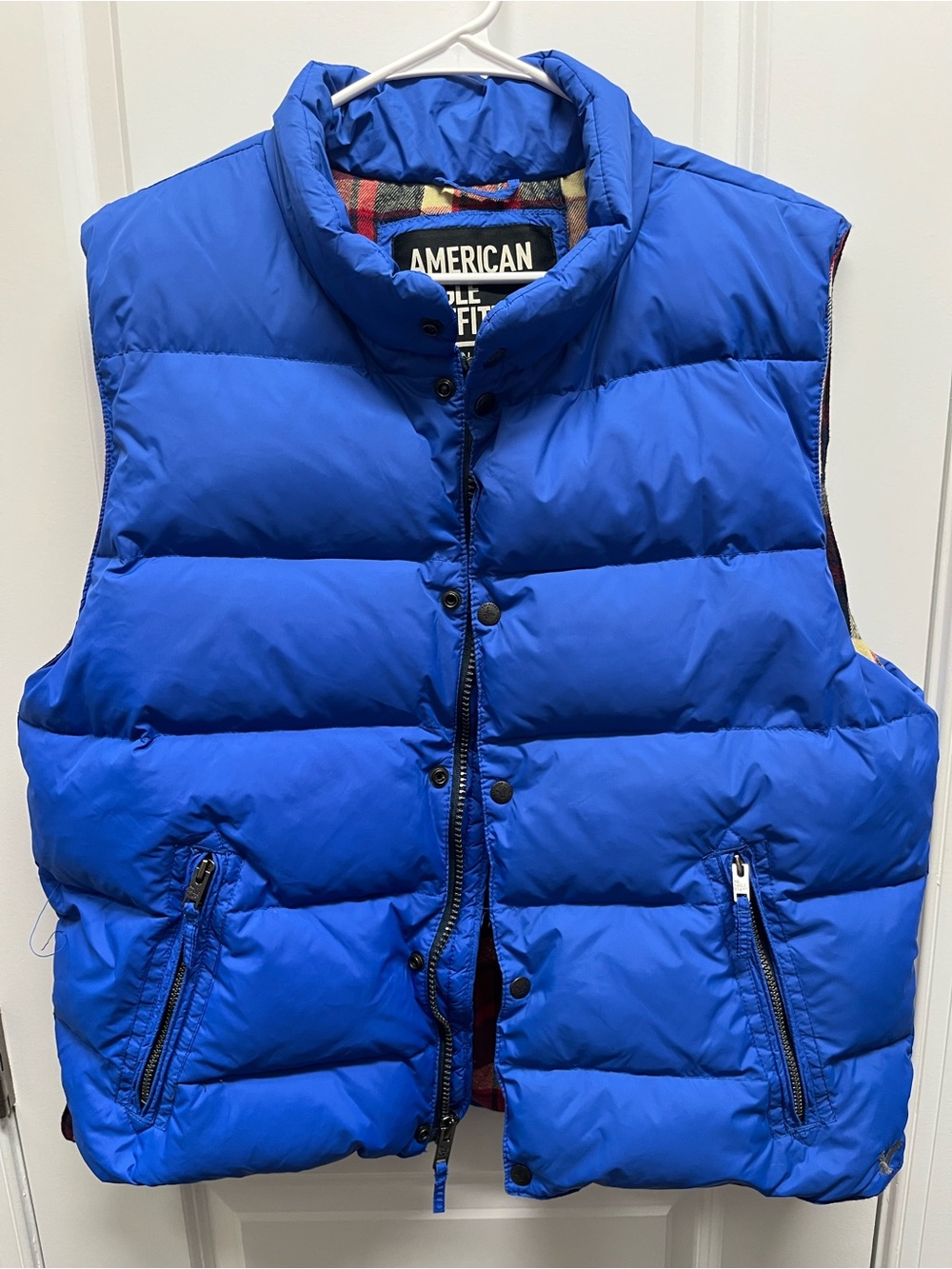 American Eagle Outfitters Down Puff Vest Royal Blue Plaid Lined Men's Size XXL